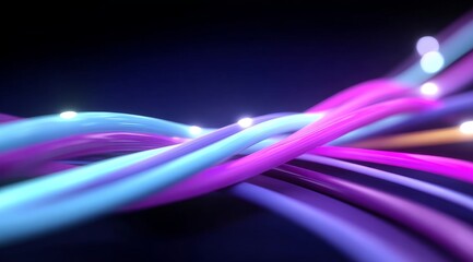 Colorful fiber optic cables glowing with light against a dark background