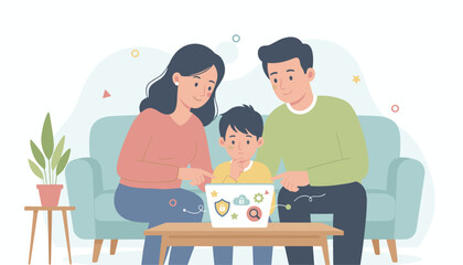 Parents teach thoughtful child about online safety and digital security on a laptop at home