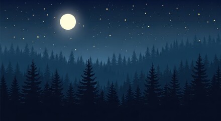 Fototapeta premium Glowing full moon illuminates a dense, dark forest of silhouetted trees under a starry night sky