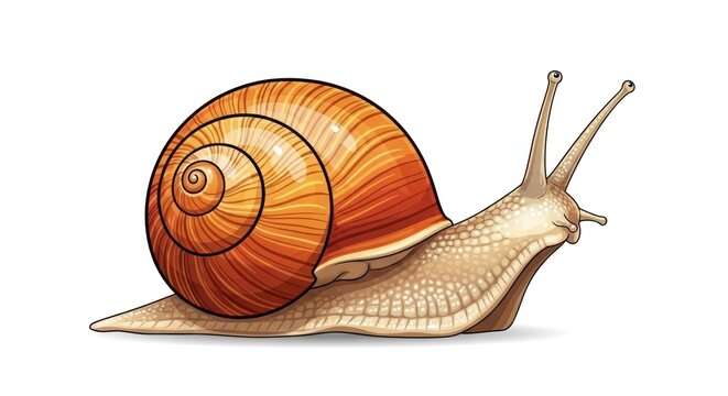 Cartoon snail with a swirled orange shell crawling on a white background