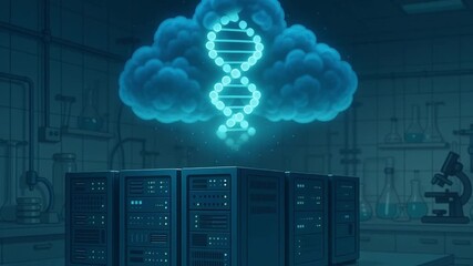 Cloud storage technology merges with DNA data futuristic laboratory, glowing blue cloud and DNA helix above server racks, scientific innovation and digital research concept, laboratory setting with - Powered by Adobe