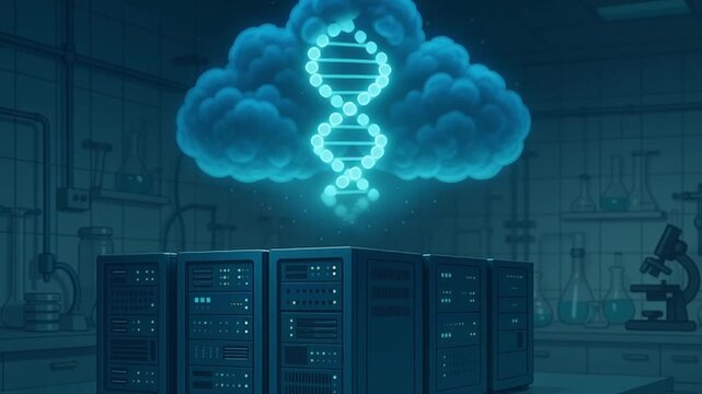 Cloud storage technology merges with DNA data futuristic laboratory, glowing blue cloud and DNA helix above server racks, scientific innovation and digital research concept, laboratory setting with - Powered by Adobe