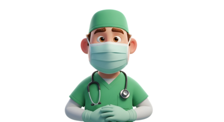 3d icon of cartoon doctor in green scrubs and mask isolated on transparent background, ready to provide medical assistance