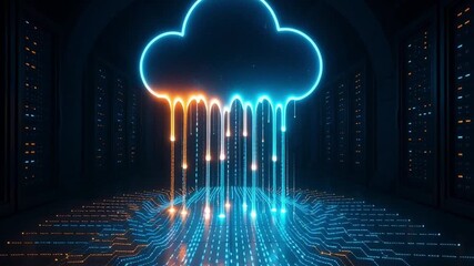Cloud storage with glowing neon cloud icon and digital data streams in futuristic server room, secure data transfer, technology innovation, digital connectivity, and modern secure data center - Powered by Adobe