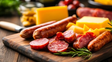 Culinary delights charcuterie platter with sausages and cheeses rustic kitchen setting food presentation gourmet experience