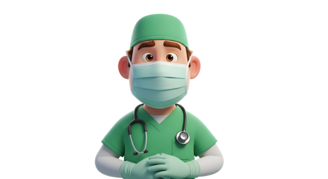 3d icon of cartoon doctor in green scrubs and mask isolated on transparent background, ready to provide medical assistance