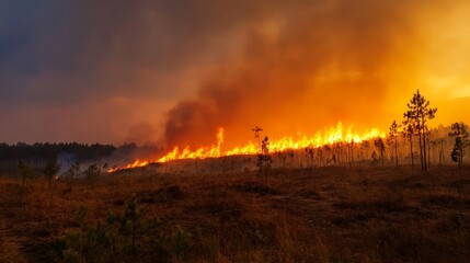 Wildfire threatening forests nature landscape dramatic fire event smoky environment aerial viewpoint ecological destruction awareness