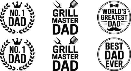 Six father's day themed designs with text and graphic elements in black