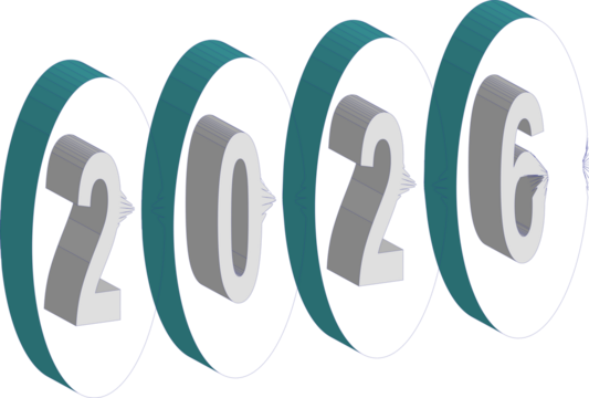 A futuristic rendering of the year twenty twenty six with teal rings on a black background on transparent background
