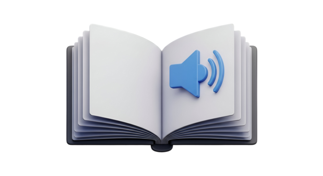 3d icon of open book with blue speaker icon isolated on transparent background, symbolizing audiobook and audio learning