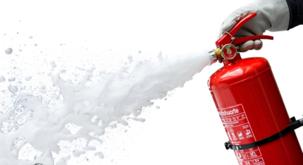 3d icon of hand holding a red fire extinguisher spraying foam isolated on transparent background, demonstrating safety measures