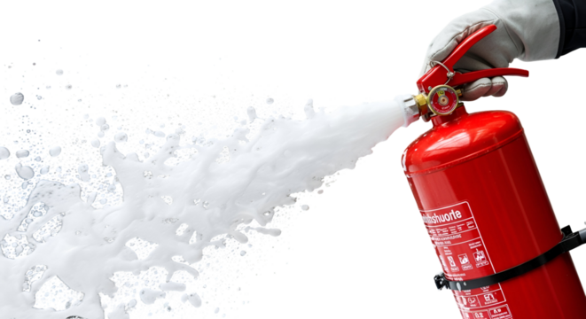 3d icon of hand holding a red fire extinguisher spraying foam isolated on transparent background, demonstrating safety measures