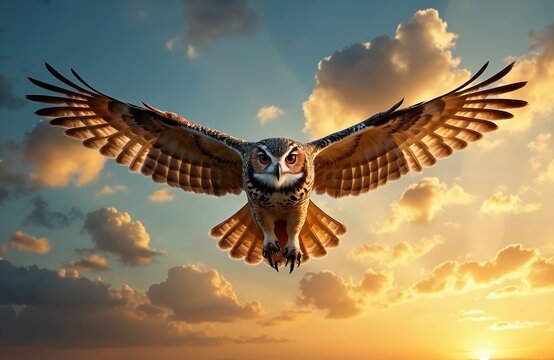 Eurasian eagle owl soars against warm dramatic skyscape. Bird flies with spread wings. Red eyes stare intently. Hunter bird flies on cloudy colorful sunset, hunts prey. - Powered by Adobe