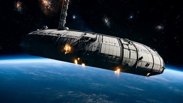 Sparks and explosions are visible on space station, indicating danger and damage. Massive orbital station glides above Earth. Scene shows occurrence of disaster, accident, wreck, crash.