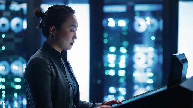 Focused East Asian woman, a data center professional, diligently manages advanced computing technology in a secure server room, ensuring digital innovation.