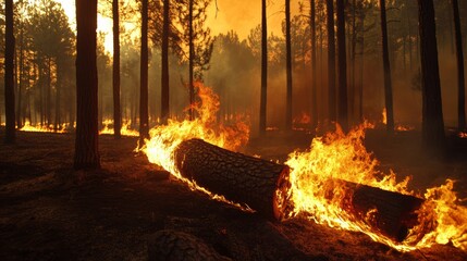 Wildfire devastation forest fire in nature dramatic flames and charred logs amidst smoky environment evoking urgency and awareness