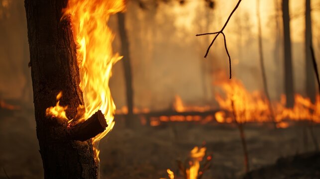 Wildfire engulfs forest devastating landscape nature evening atmosphere dramatic viewpoint environmental crisis - Powered by Adobe