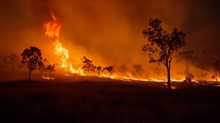 Wildfire erupts in australian outback nature's fury landscape photography nighttime dramatic scenery environmental crisis
