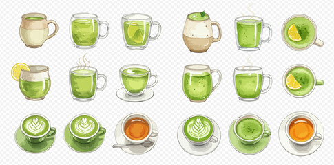 A collection of watercolor illustrations depicting various green tea and matcha drinks in different mugs and cups, some with latte art and lemon slices.