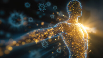 The Strength Within: An abstract representation of the human body, glowing with resilience and strength as it wards off unseen threats. A visual testament to inner fortitude and the fight for health.