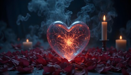 Broken glass heart glowing faintly among dark petals and candle smoke, symbol of love and mystery, cinematic concept art.