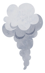 Watercolor blue train smoke plume on transparent background.
