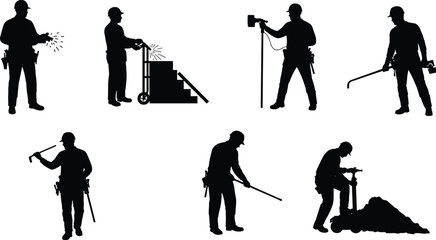 Obraz premium Construction worker silhouettes, welding, drilling, hammering, shoveling, raking, carrying boxes, industrial labor, heavy equipment, building tools, teamwork, safety, black vector icons, illustration