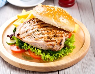 Tuna burger with french fries and fresh salad on a wooden plate