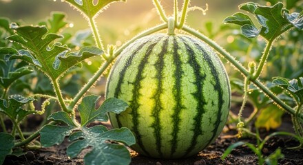 Round, green striped melon glistens with dew, surrounded by lush leaves in warm sunlight