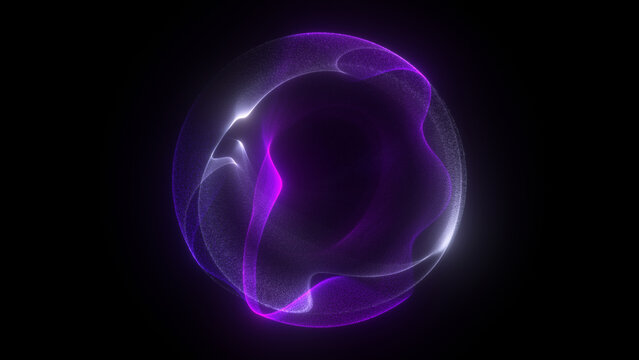 Bright glowing rotating 3D particle sphere in space. Abstract purple and blue energy orb with animated waves, representing technology, science, engineering, and artificial intelligence. Perfect for di