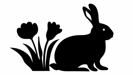 Silhouette of a rabbit sitting next to two flowers with long leaves in a black and white illustration