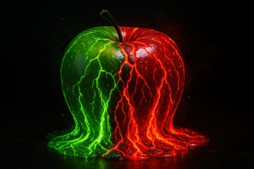 Half green and half red apple melting with glowing lava effect and electric energy lines on dark background