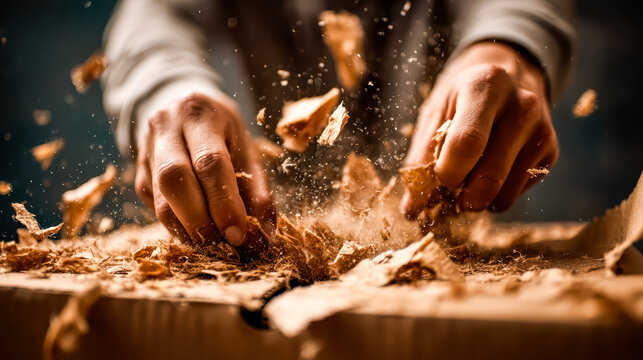 Hands tearing cardboard with flying debris and dynamic motion in workshop scene