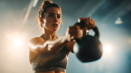 Athlete woman working out with kettlebell in intense gym lighting and strong focus