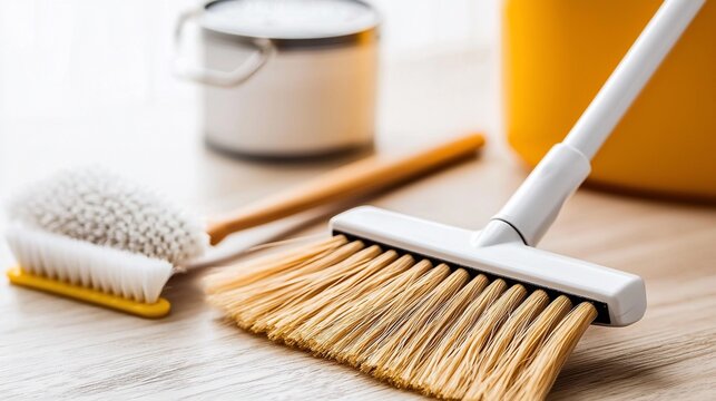 Cleaning Tools Still Life: Broom, Brush, Bucket, and Dustpan on Wooden Surface