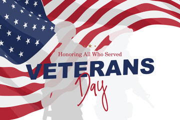 Vector banner with soldier silhouettes honoring veterans and fallen heroes. USA Veterans Day and national pride events.