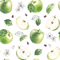 Seamless pattern with green apples, flowers, leaves and outline elements. Watercolor hand painted illustration isolated on white background