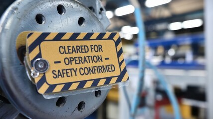 Safety training workplace routine concept. Cleared for operation with a safety confirmation sign on machinery.