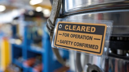 Safety training workplace routine concept. Cleared for operation sign indicating safety confirmation in an industrial setting.