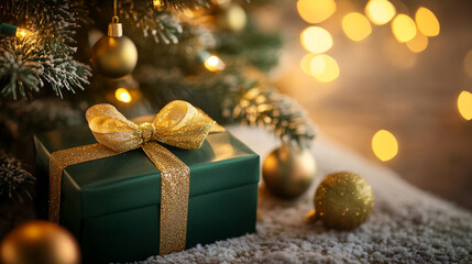 elegant green Christmas gift box with ornament and blurred festive light background