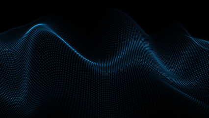 Abstract blue wave made of digital particles, flowing cyber technology background with smooth gradients and glowing light effects, futuristic design concept symbolizing data flow and innovation, perfe
