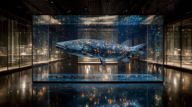 A large fish specimen displayed in a glass case with reflective surfaces in a museum setting.