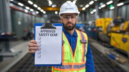 Safety training workplace routine concept. Worker holding a checklist for approved safety gear in an industrial setting.