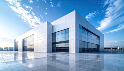 Contemporary White Building with Reflective Surface Under Blue Sky with Clouds Modern Architecture Exterior Shot Sunny Day Urban Landscape