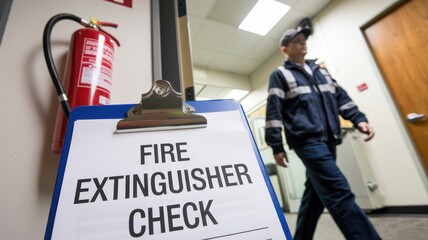 Safety training workplace routine concept. Fire safety inspection with a clipboard and extinguisher in a workplace environment.