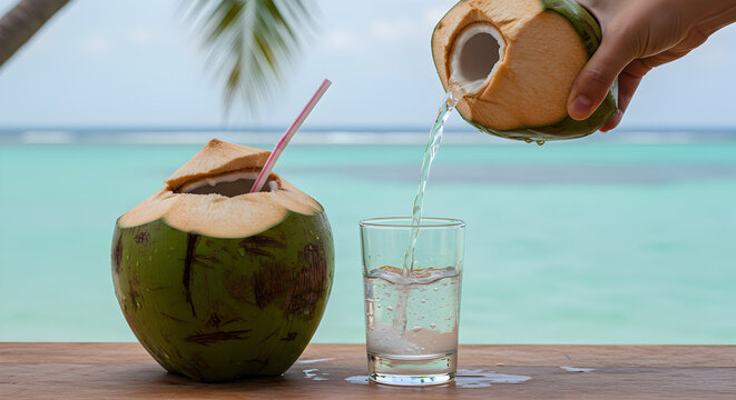 Fresh coconut water is poured into a glass with a bright tropical beach in the background. The clean, refreshing look captures a natural and summery tropical vibe.