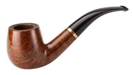 Classic wooden smoking pipe with a curved stem isolated on transparent background for tobacco enthusiasts