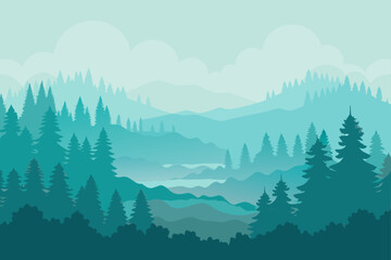 Fototapeta premium Misty mountain range with pine trees and cloudy sky