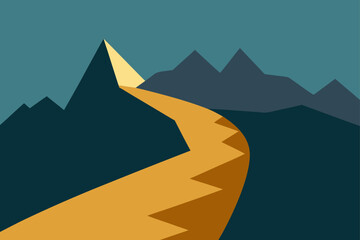 Golden path winding through mountain peaks landscape