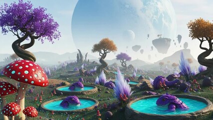 Whimsical alien landscape with floating islands and giant mushrooms - Powered by Adobe